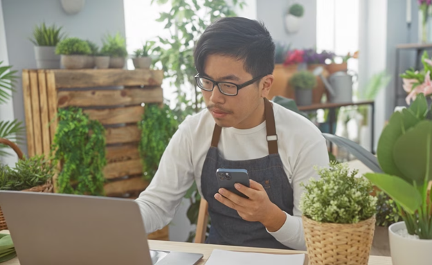 A man on a computer.